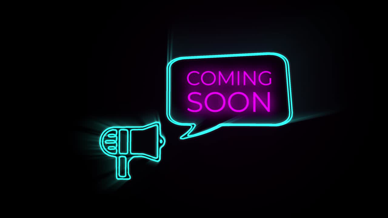 4k megáfono de estilo retro con burbuja de habla palabra que viene pronto. el brillo dorado iluminación de palabra aislada que viene pronto animación de bucle promover el concepto de publicidad aislar