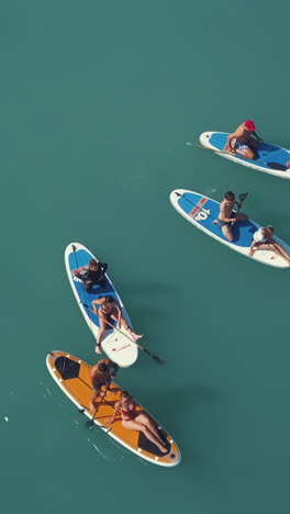 group of friends stand up paddle boarding