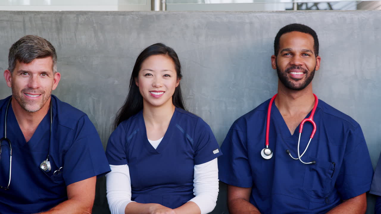 미소 짓는 의료 전문가, 남성과 여성의 그룹