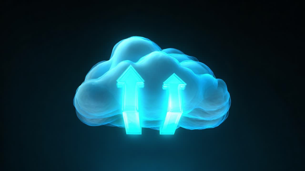Visual Representation of Cloud Computing Technology Featuring Upload Symbols, Illustrating Digital Data Transfer in a Modern Abstract Style with Glowing Effects