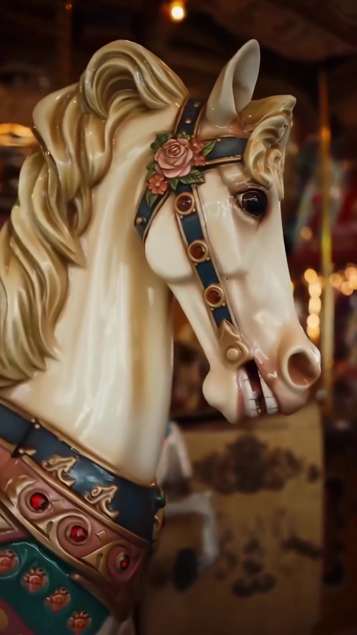 Close-up of a Decorative Carousel Horse Rotating on a Fairground Ride
