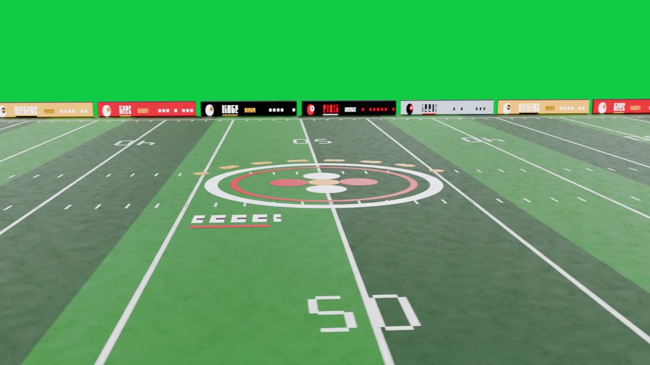 Telecamera bassa che si muove, sale, ruota, centrando il logo di metà campo e il numero 50 su sfondo trasparente.