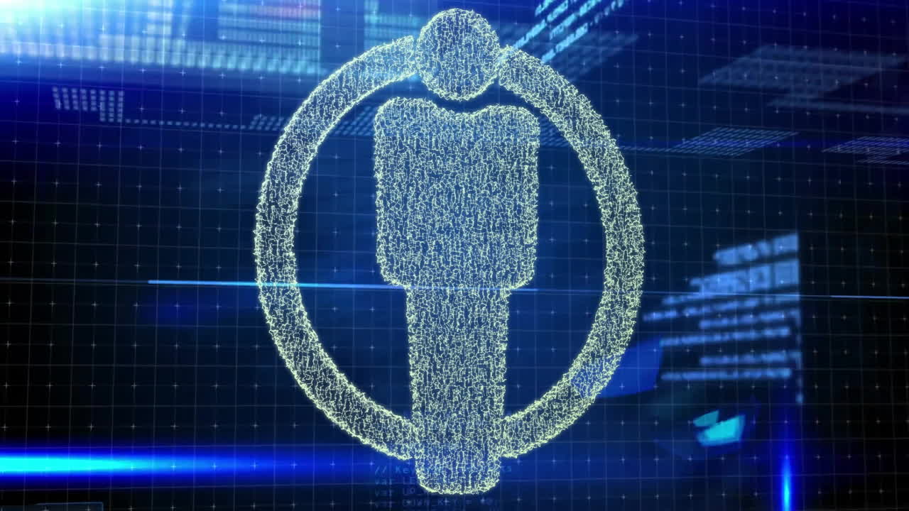 Processing data, digital human figure inside circle over blue grid background
