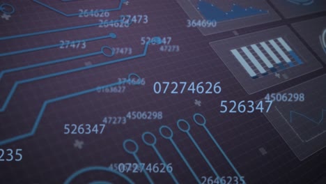 animación de números cambiantes a través de la interfaz con procesamiento de datos y conexiones de microprocesadores