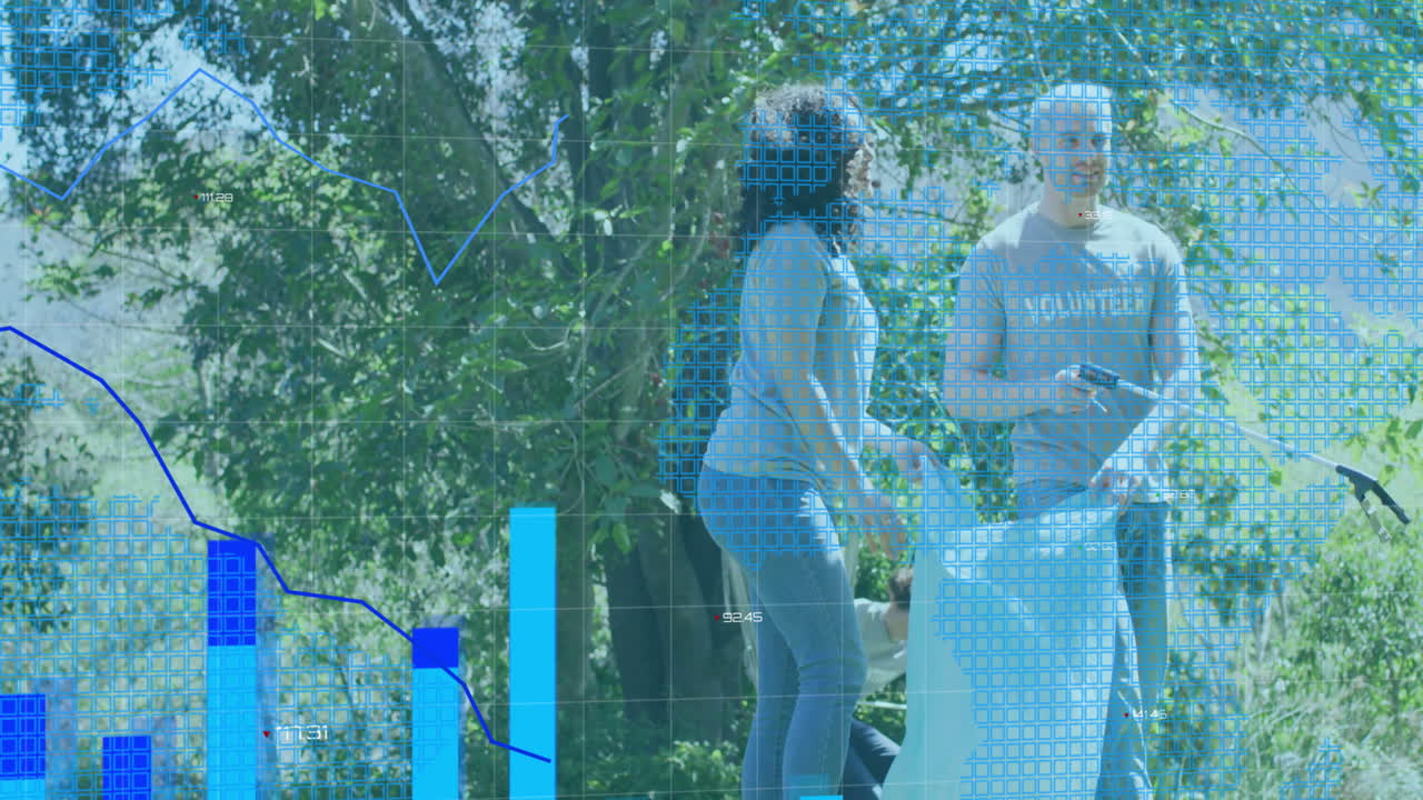 공원에서 쓰레기를 수집하는 사람들의 바 그래프와 데이터 분석 애니메이션