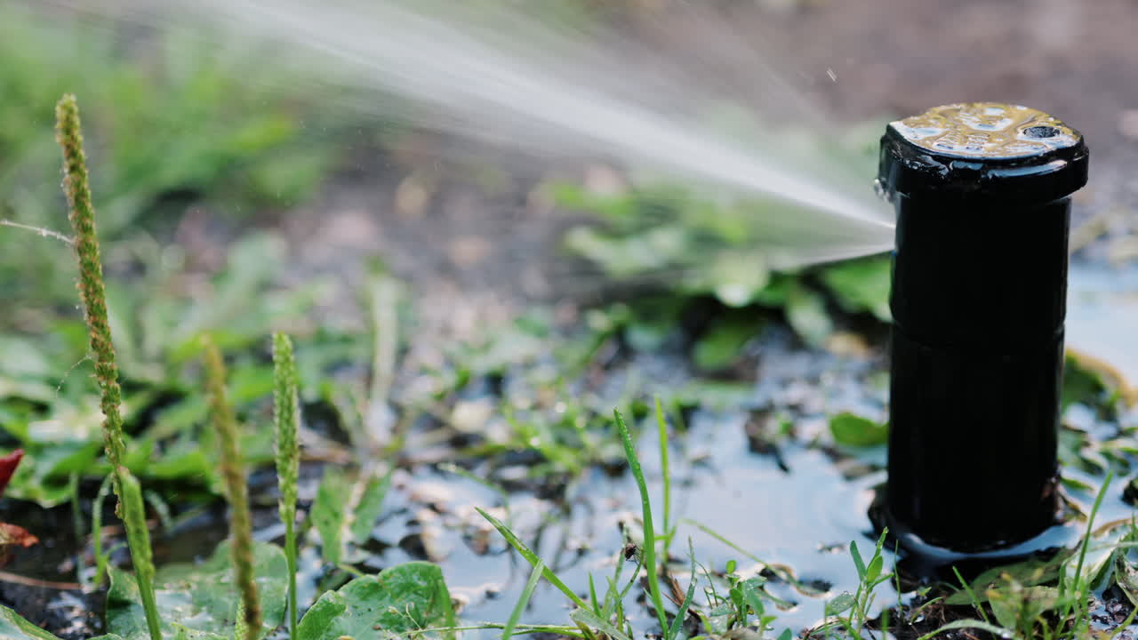 Irrigatore a spruzzo in azione, che spruzza acqua su erba e piante