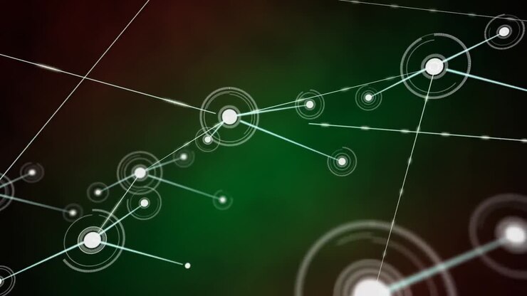 Animation of network of connections with spots over green background