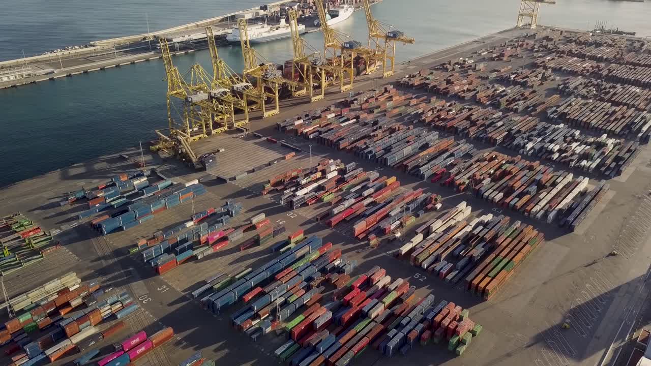 Drone Shot Of Freight Harbor Containers And Cranes Logistic Center