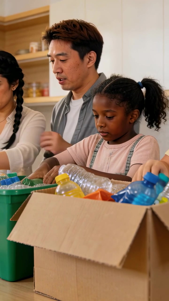 Vertical video: Handing bottle, woman urging team sorting bottles into green bin to recycle at home