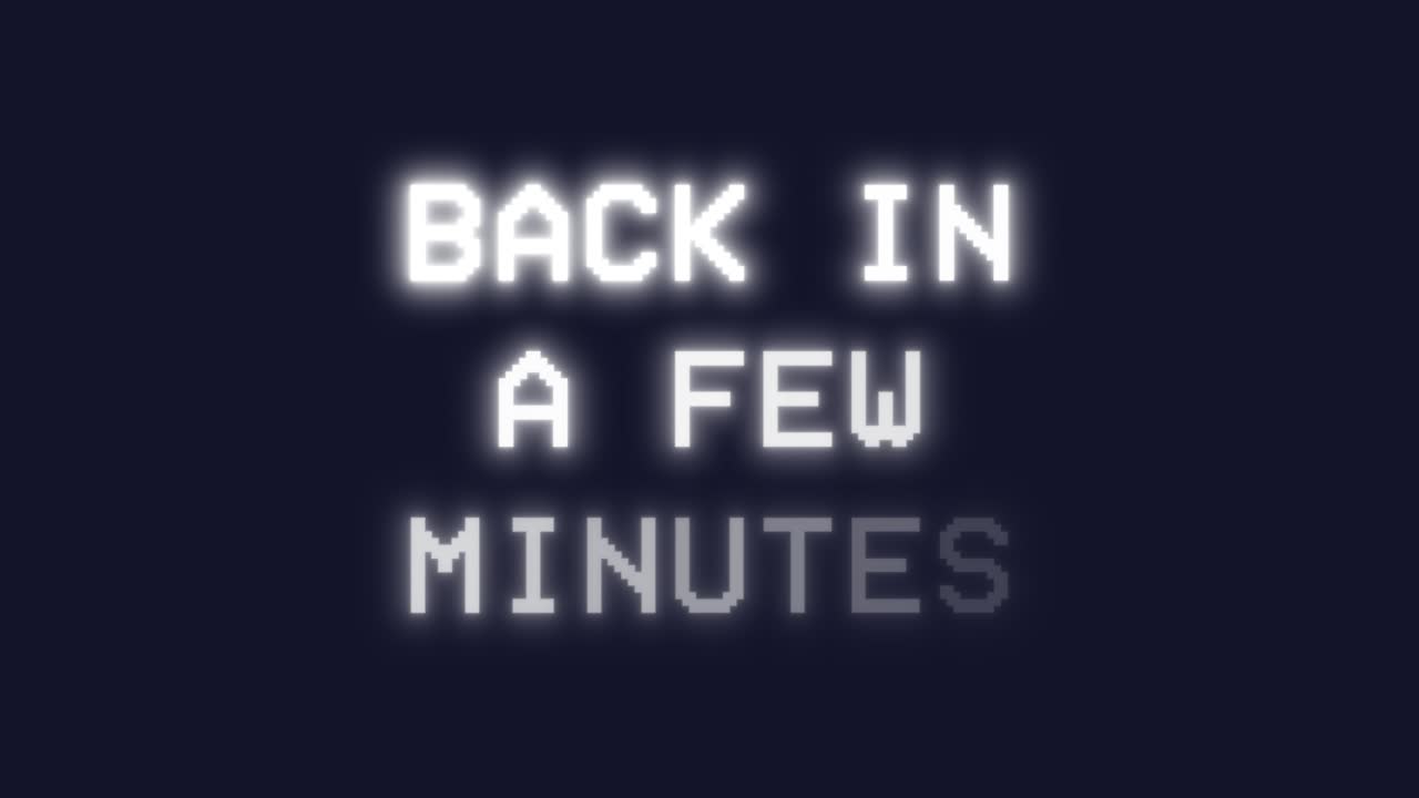 Glowing white text BACK IN A FEW MINUTES pulsing against deep blue background. Shimmering letters create anticipation for livestream return or broadcast intermission