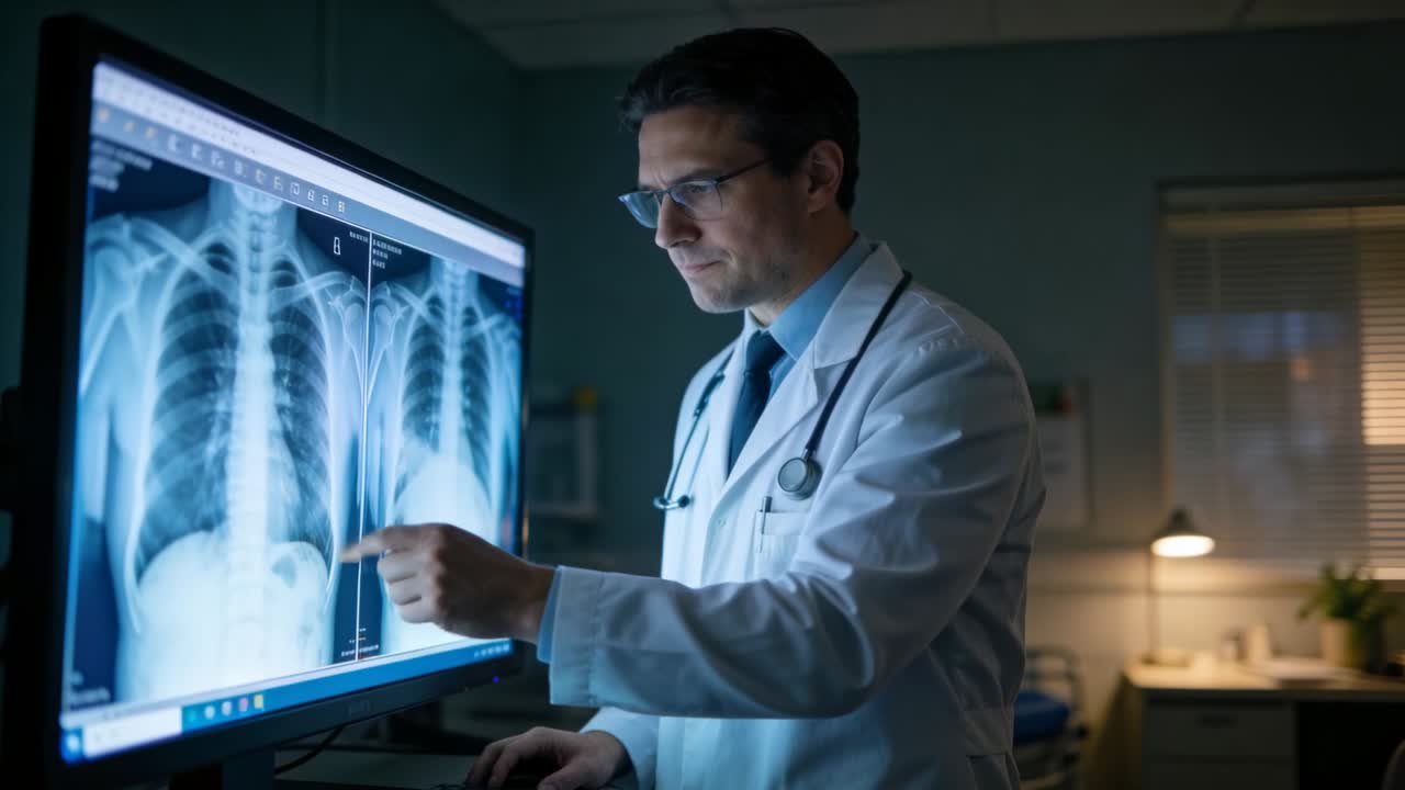 Pointing physician examining chest X-rays on monitor at workstation, wearing lab coat, stethoscope