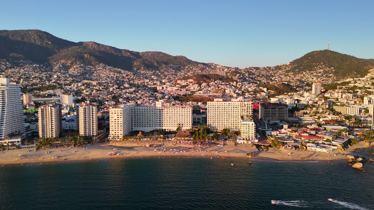Lateral aerial shot of hotels in acapulco