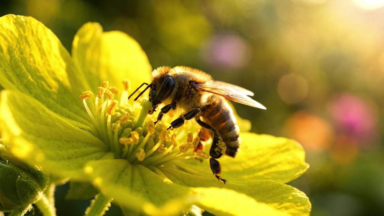 Nahaufnahme einer Biene, die eine leuchtend gelbe Blume bestäubt, was die wechselseitigen Beziehungen in der Natur und die Bedeutung von Bienen für Ökosysteme hervorhebt