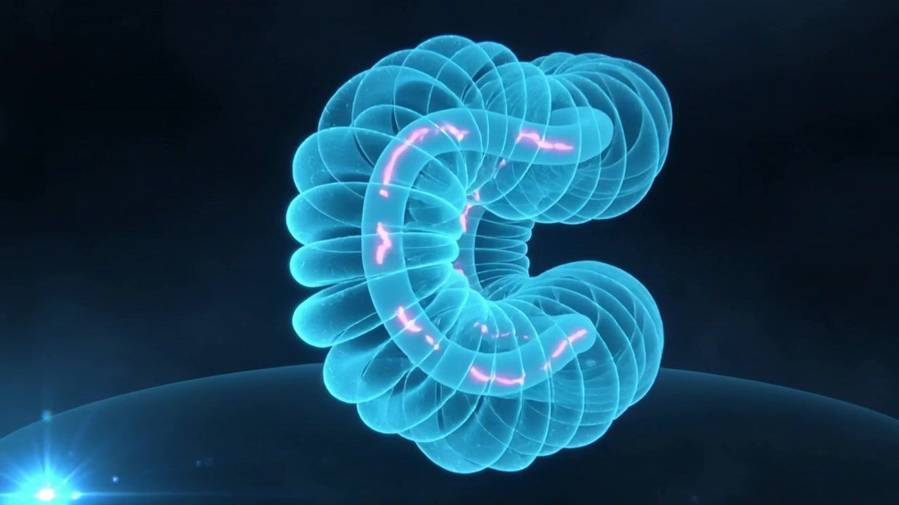 Starting animation nudging lobed cyan torus rotating and morphing over horizon with magenta core