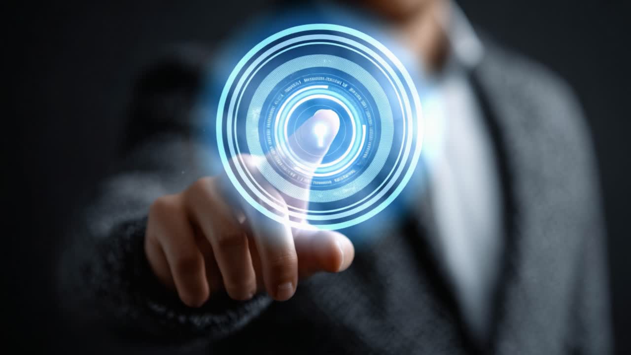 Un professionista in abito da lavoro che interagisce con un'interfaccia digitale interattiva, rappresentando la sicurezza dei dati e l'innovazione attraverso un'esperienza touchscreen futuristica.