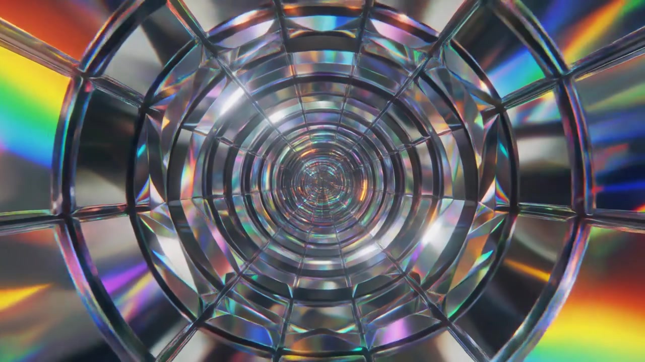 Tunnel 3D Astratto con Griglia di Vetro Riflettente ed Effetti di Luce Arcobaleno
