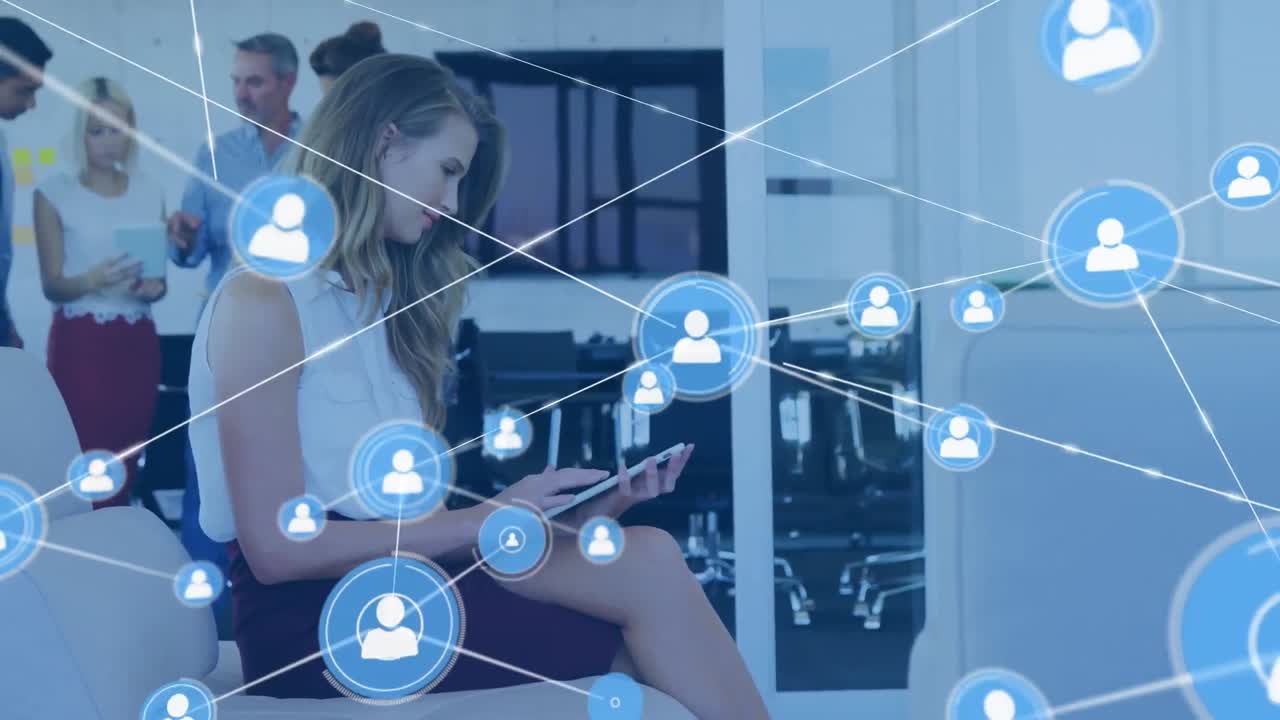 Animation of network of connections over caucasian businesswoman using tablet