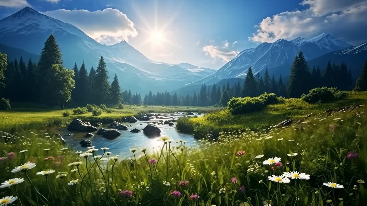 A serene landscape video captures a low-angle view of a sunlit mountain valley, with a flowing