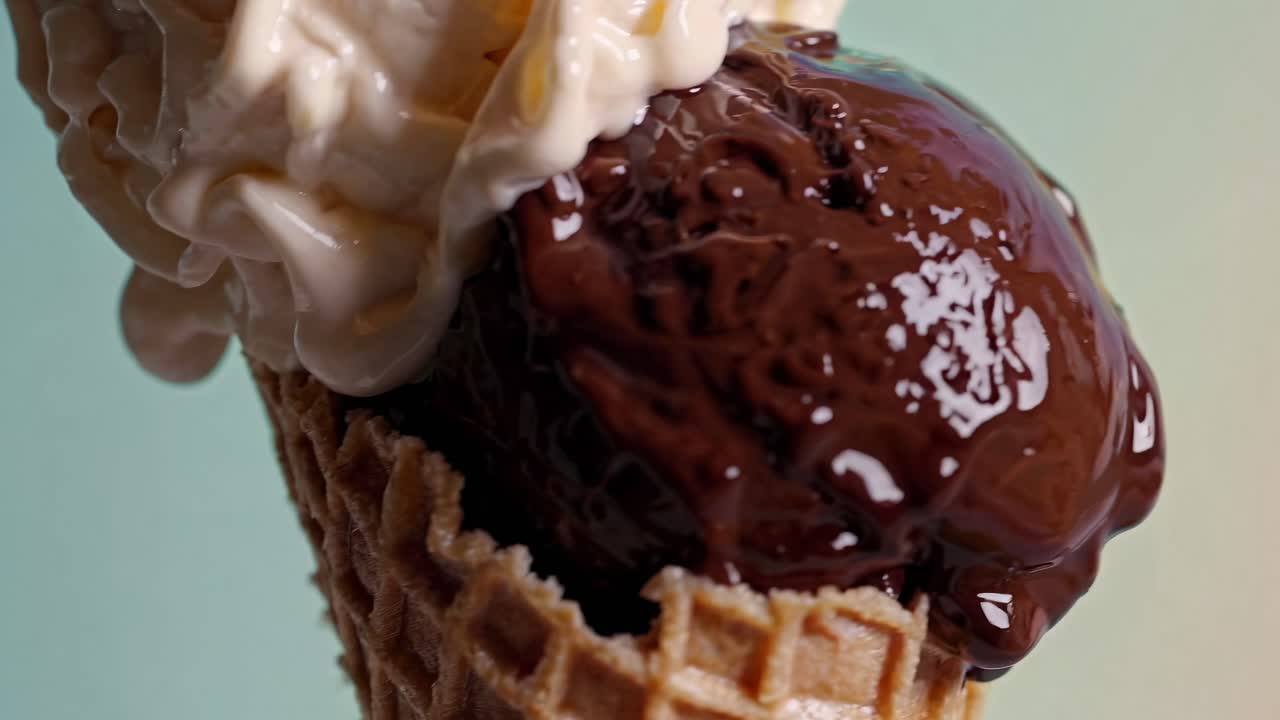 Close-up video of melting ice cream on a cone, shot from a low angle