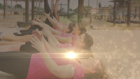 animación de puntos de luz sobre diversas mujeres en un ejercicio de carrera de obstáculos