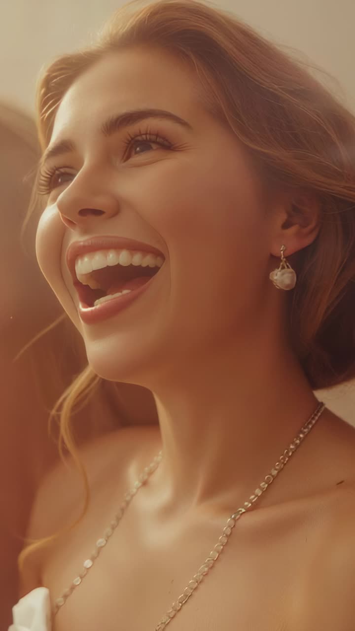 Vertical video: Laughing at off-camera remark, woman tilting in set wearing necklace, strapless top