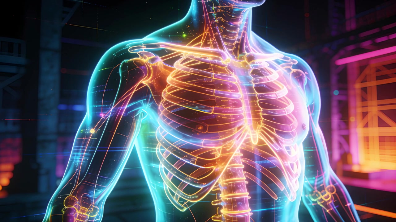 Accensione di un torso olografico che rivela gabbia toracica e colonna vertebrale in laboratorio, con percorsi neurali pulsanti per una dimostrazione.