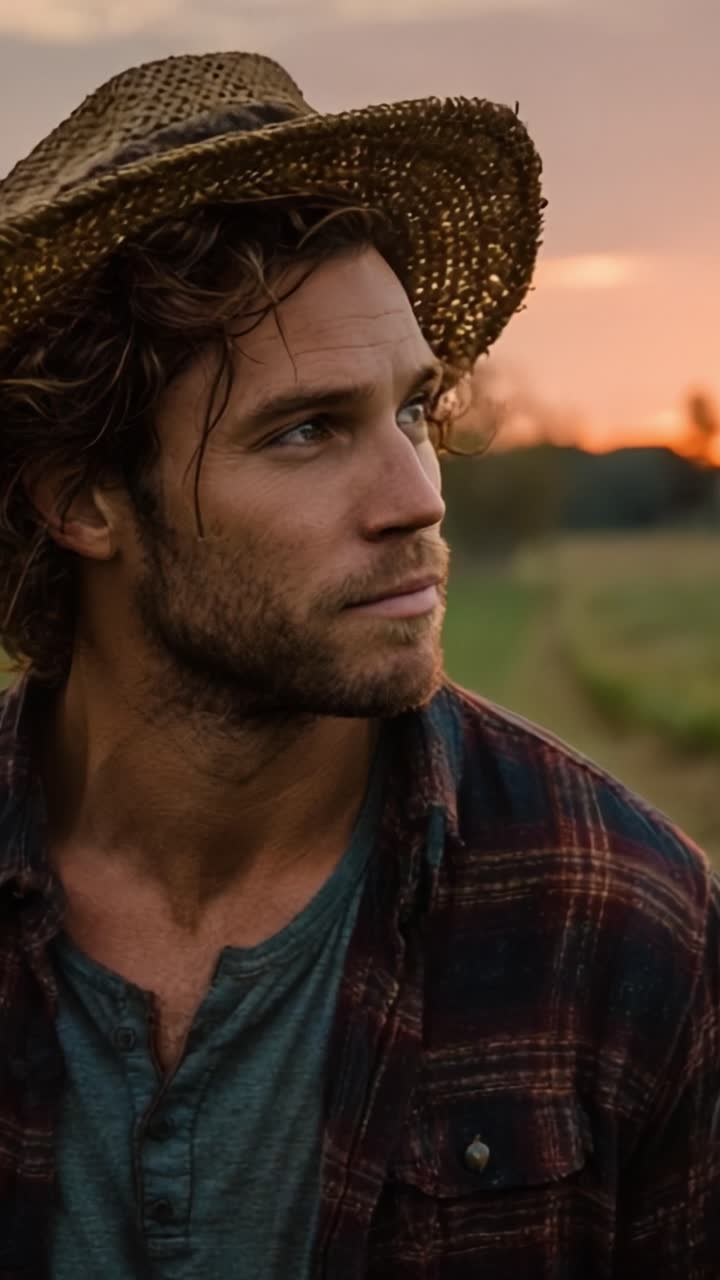 A contemplative moment in the golden light of dusk, showcasing a man's reflective gaze adorned with a straw hat against a serene rural landscape
