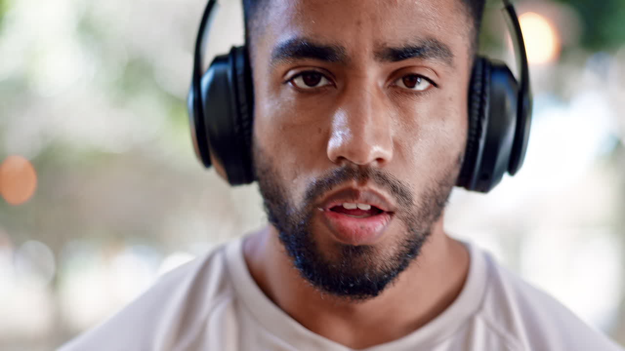 Tired, rest and man with music headphones in city