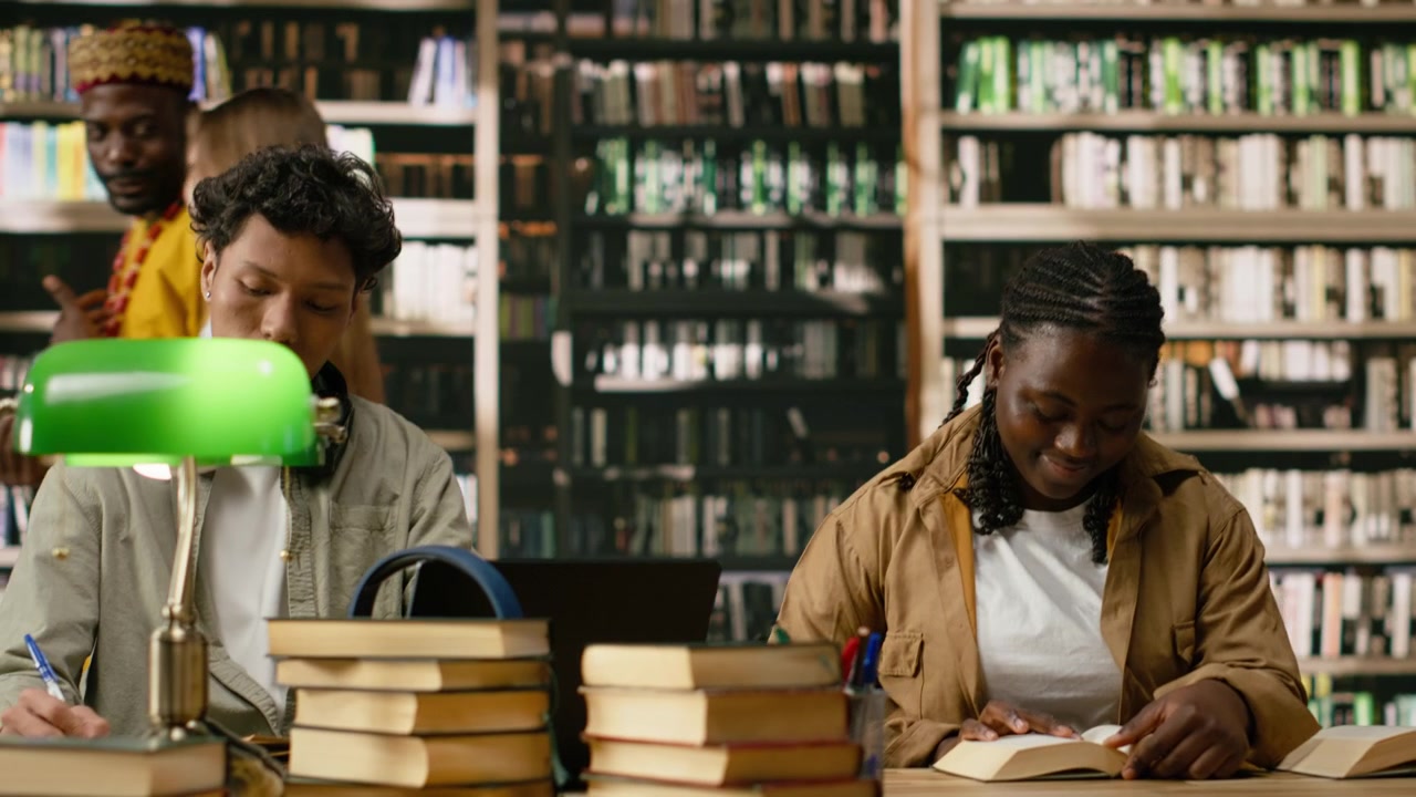 Black woman student reading open book at shared library table
