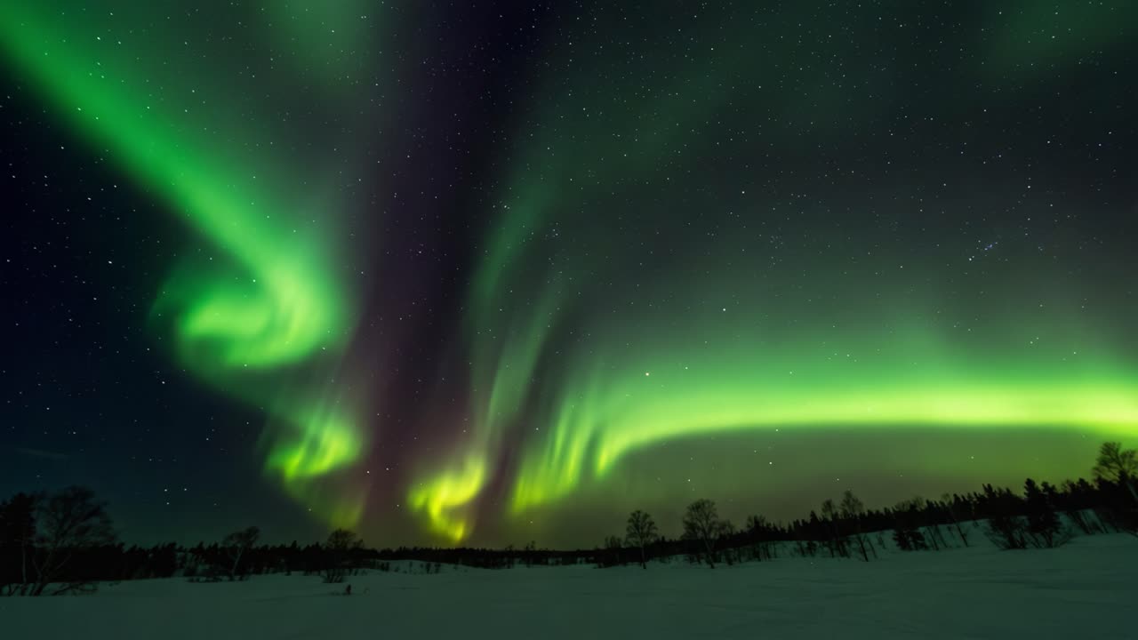 Stunning Display of Northern Lights Illuminating the Night Sky with Vibrant Green and Purple Auroras Over a Snowy Landscape