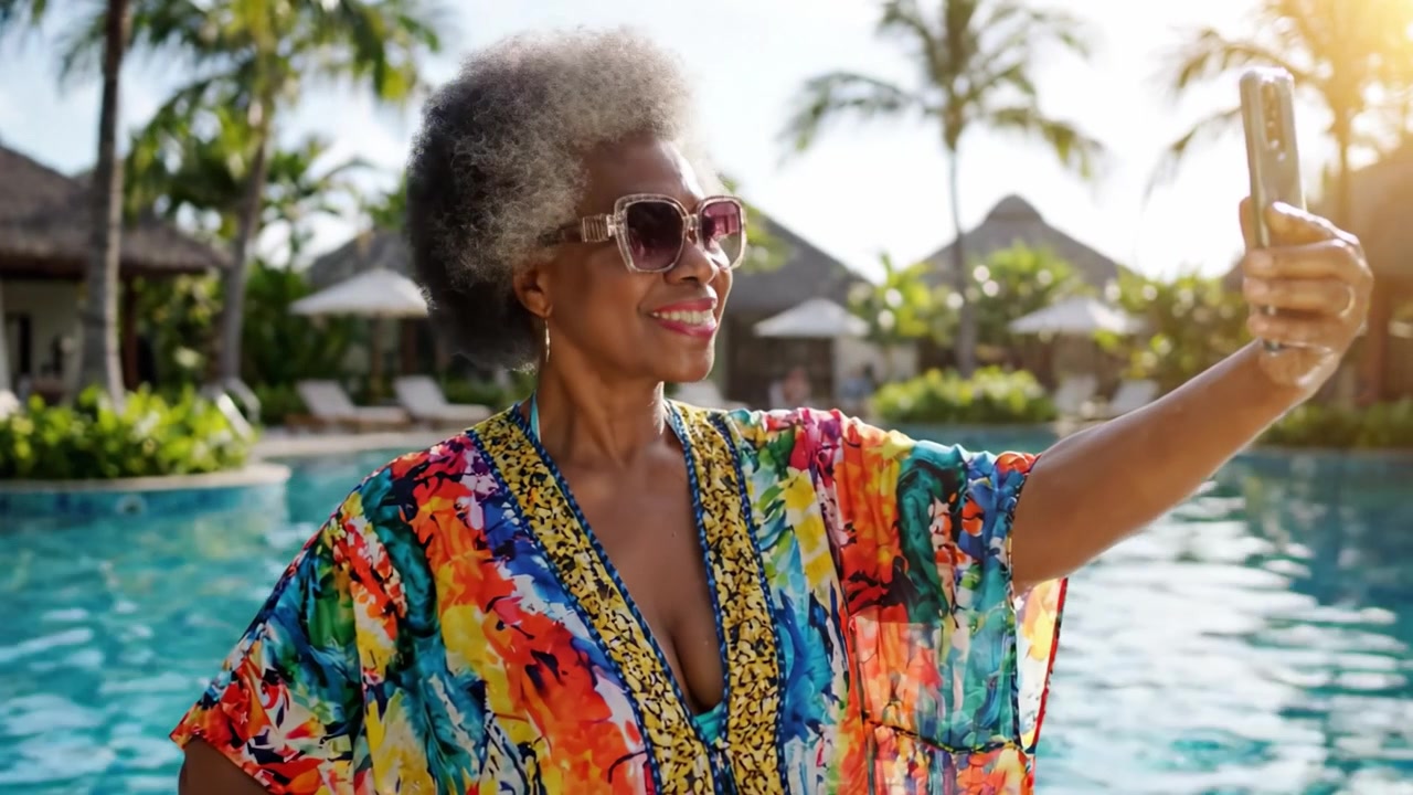Una donna elegante si gode la vacanza a bordo piscina, catturando ricordi con il telefono mentre si abbandona alla gioia dello svago e del relax sotto il sole.