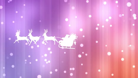 Animation-of-santa-claus-in-sleigh-with-reindeer-over-glowing-white-spots-on-pink-background