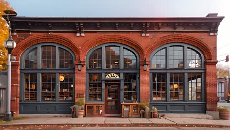historic brick building with arched windows and storefront