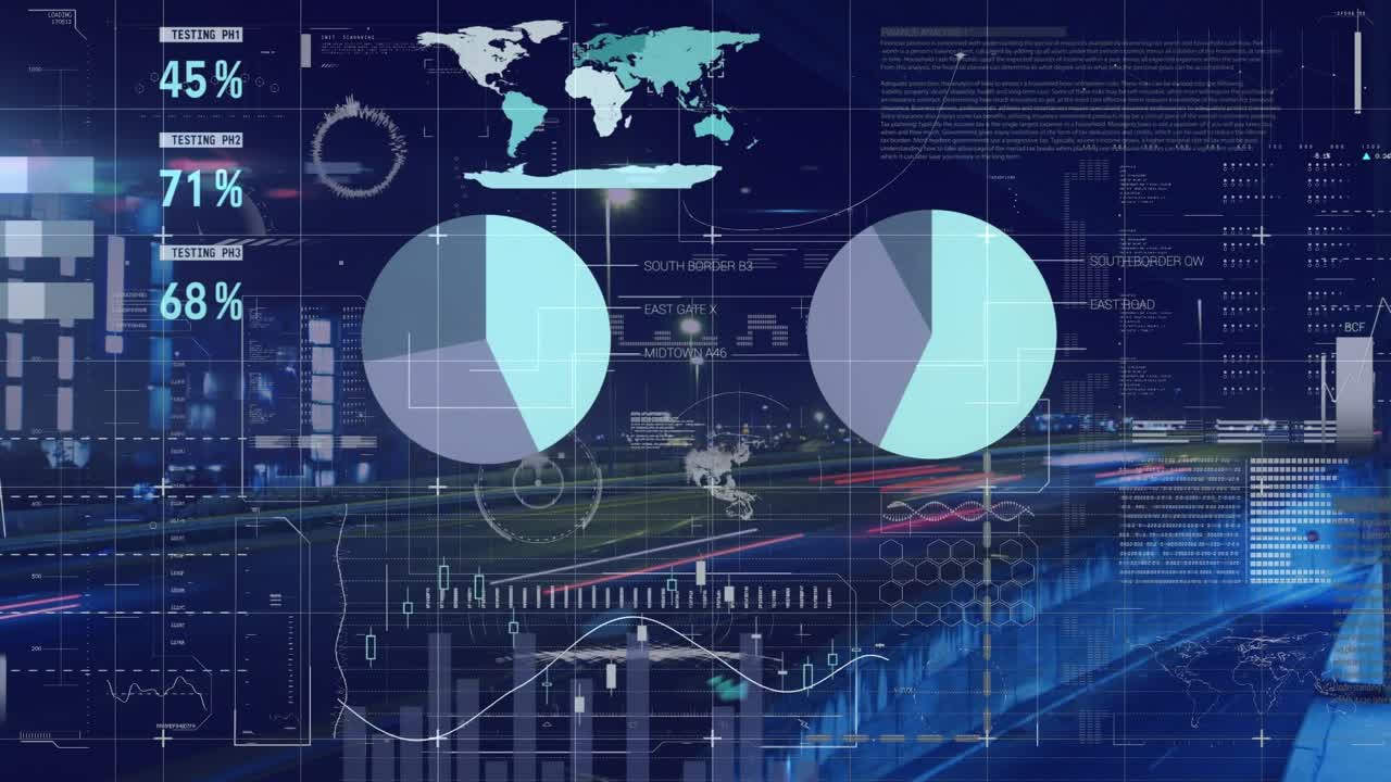Animation of interface with data processing against night city traffic