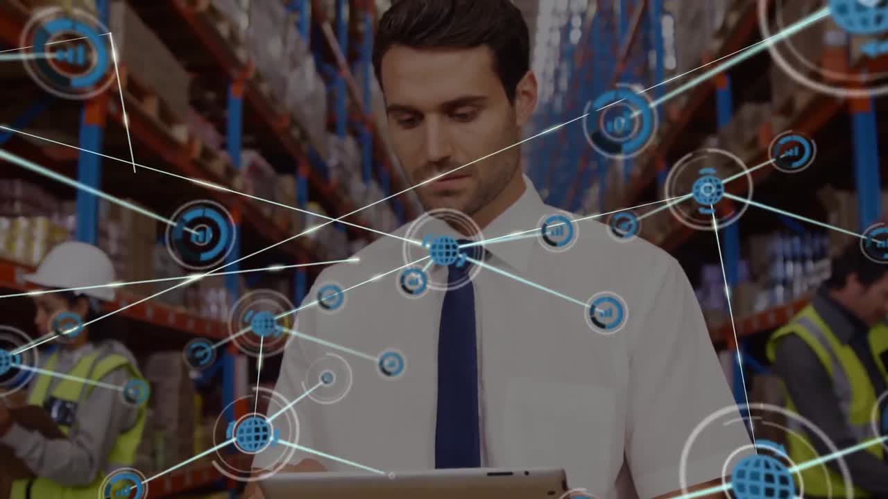 анимация сети соединений с иконами над различными работниками на складе