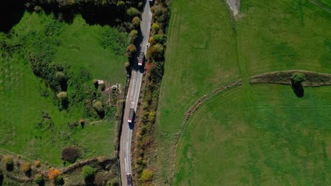 aerial top view of trucks traffic on summer forest, country road