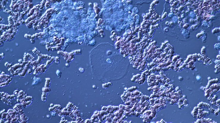 Microscopic view of blood cells and biological fluid