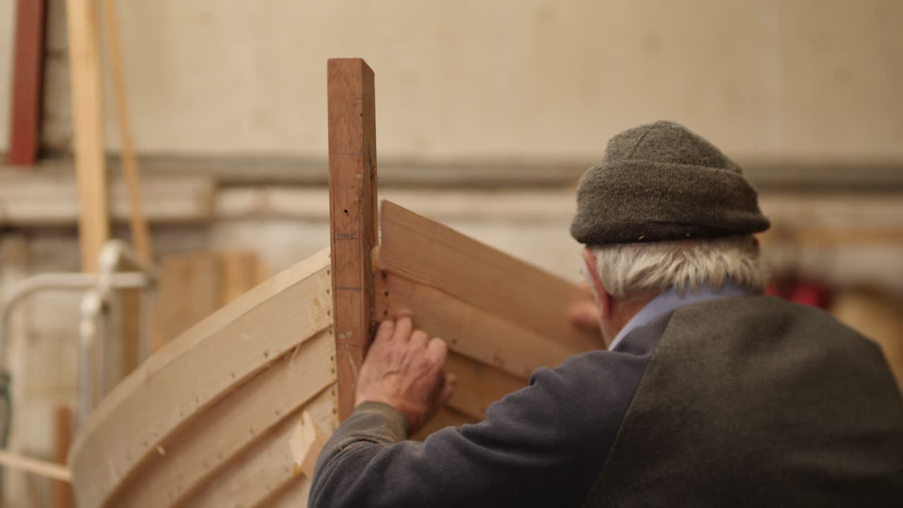 Experienced Shipwright Checking Boat Angle, Traditional Wooden Boat Construction