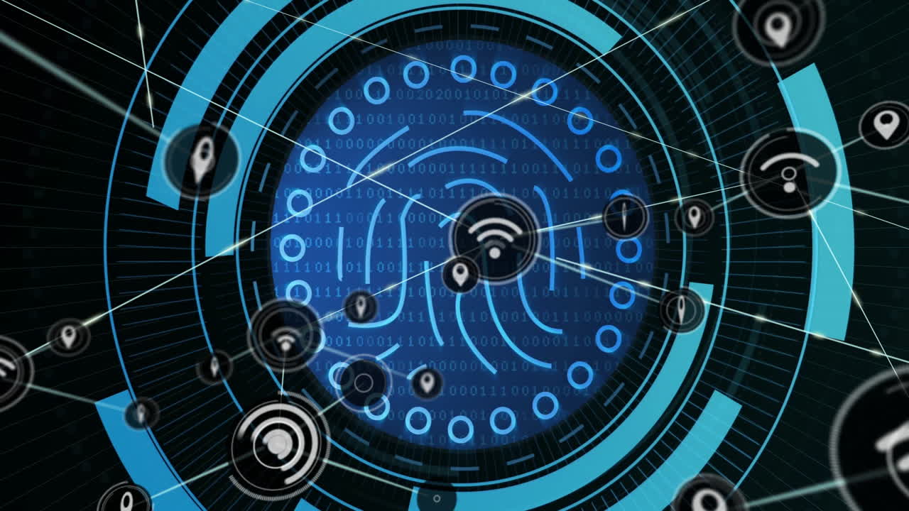 Animation of futuristic digital network with binary code and connectivity symbols