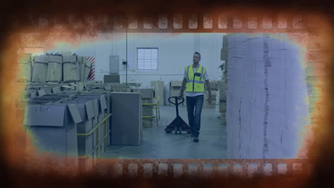 Walking-through-warehouse,-worker-with-pallet-jack,-film-strip-animation-over-scene