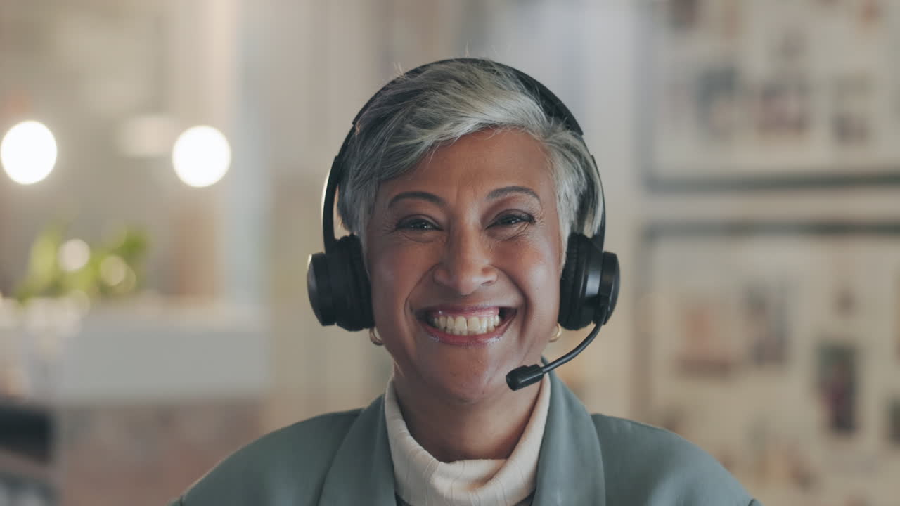 Call center, senior business face and happy woman
