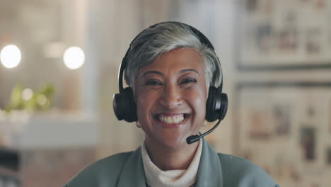 Call-center,-senior-business-face-and-happy-woman