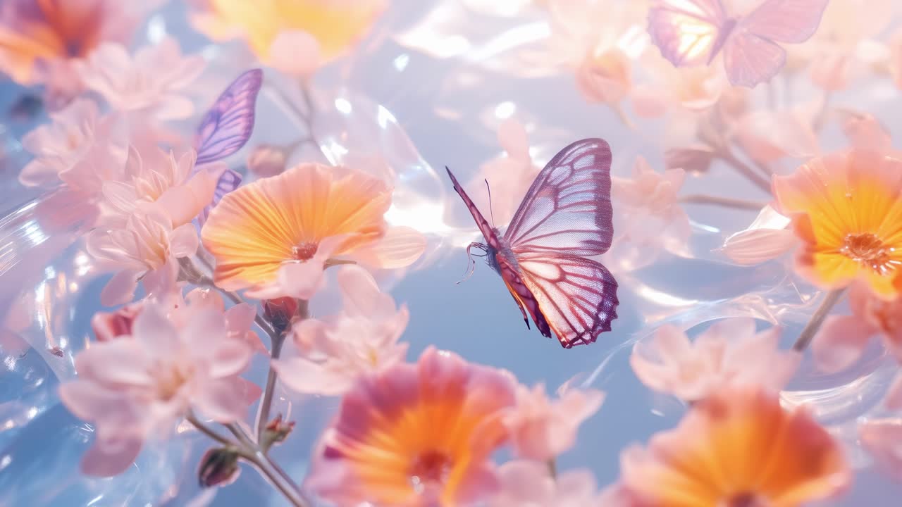 Aerial view of delicate butterflies and flowers in soft pastel hues, creating a dreamy, ethereal