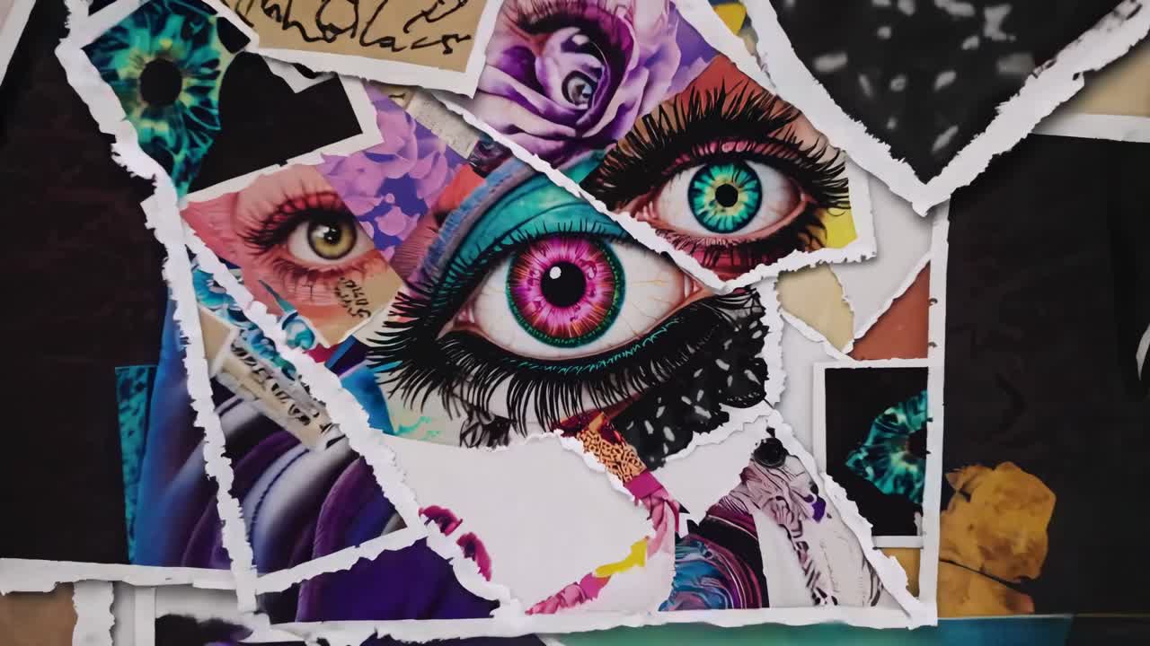 Collage di vivaci illustrazioni di occhi e motivi astratti, ripreso dall'alto