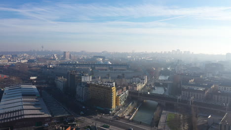 Paris-City-of-Science-and-Industry-la-vilette-aerial-shot-canal-train