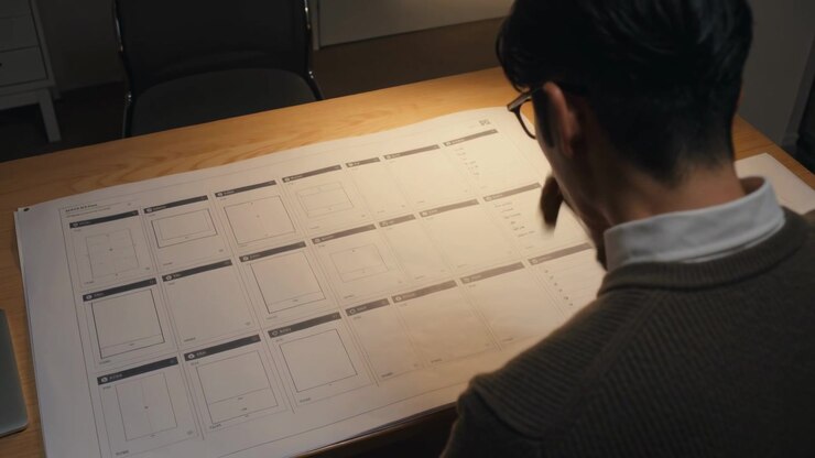 Uomo con maglione marrone e occhiali che studia, chinato su un layout a un tavolo di legno, laptop, spazio per il testo.