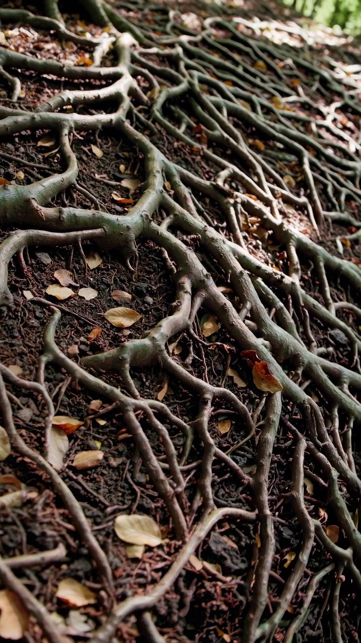 Sunlight Illuminating Exposed Tree Roots on the Forest Floor