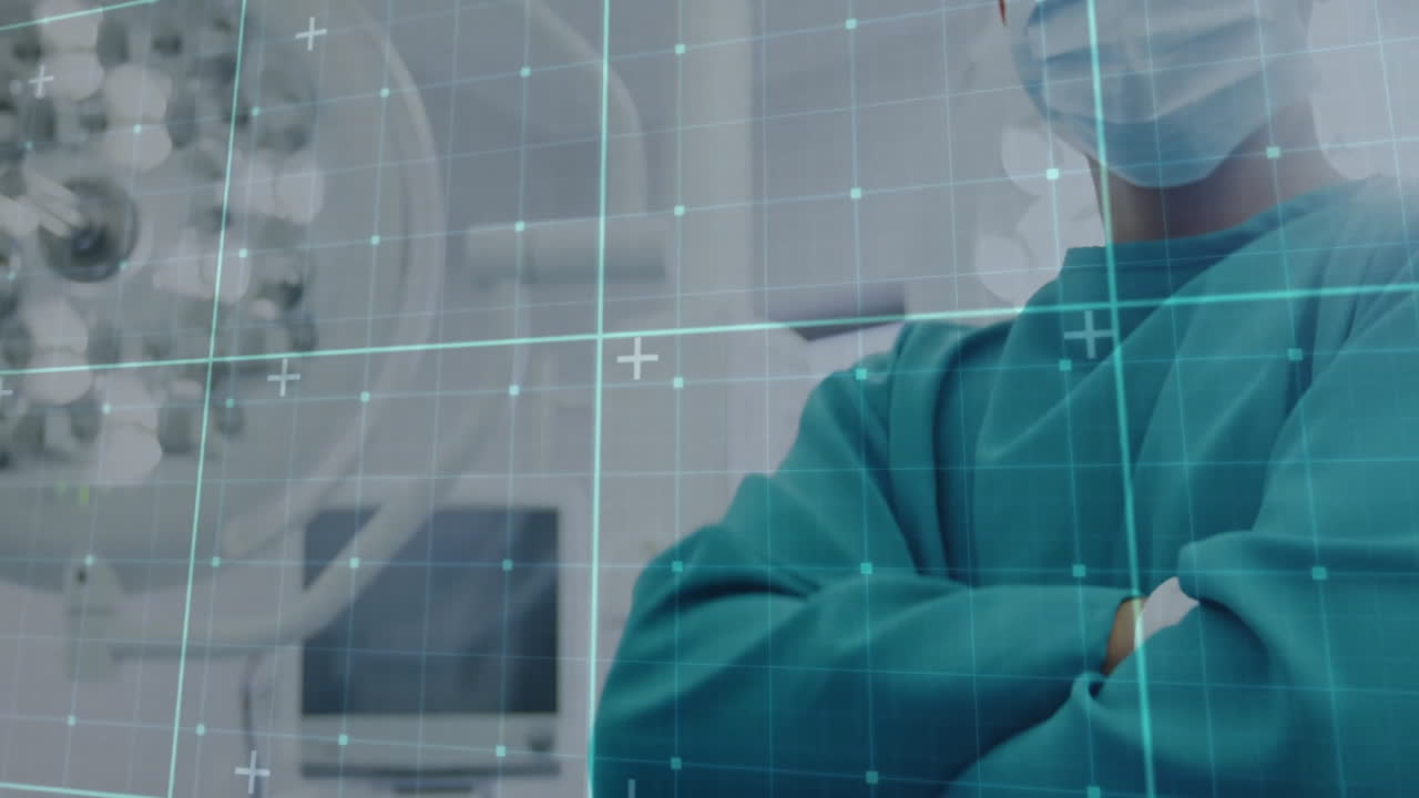 Male surgeon crossing arms in operating room, featuring digital grid overlay and surgical light