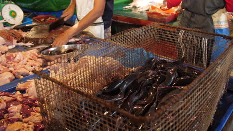 mercado húmedo al aire libre con una canasta de bagres vivos en indonesia