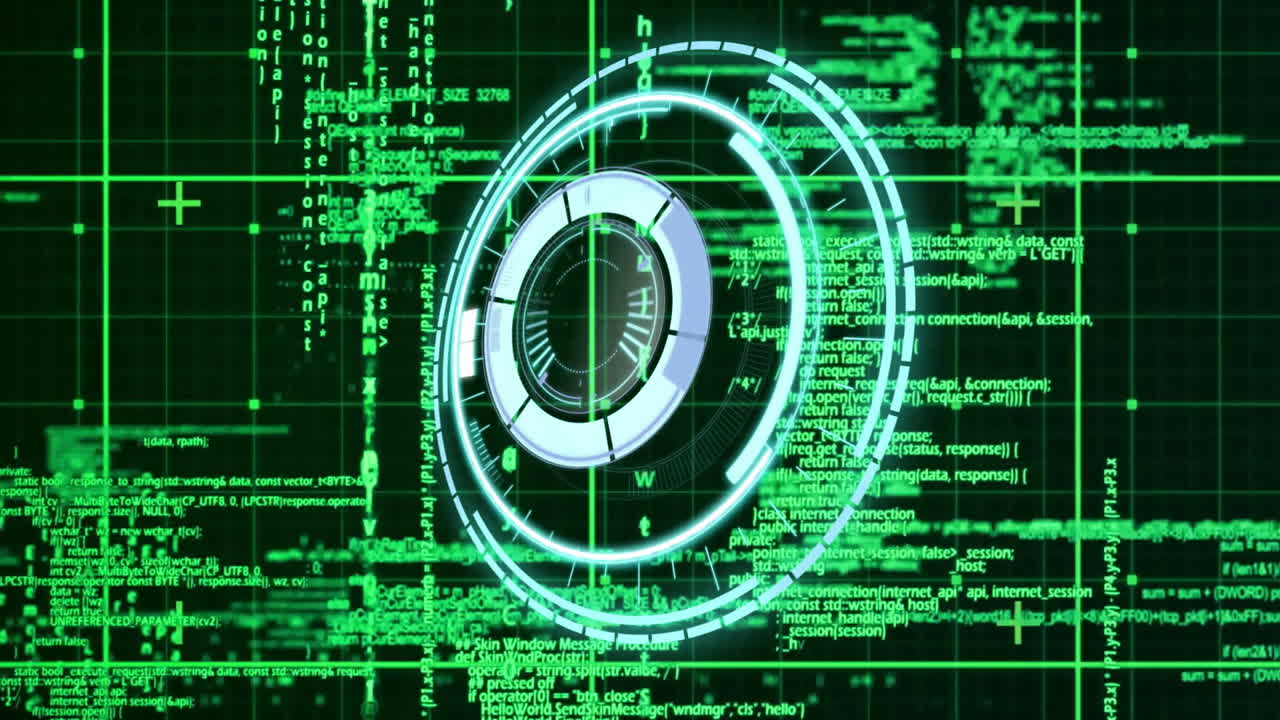 Elementi circolari rotanti in animazione su uno sfondo di codifica digitale futuristica